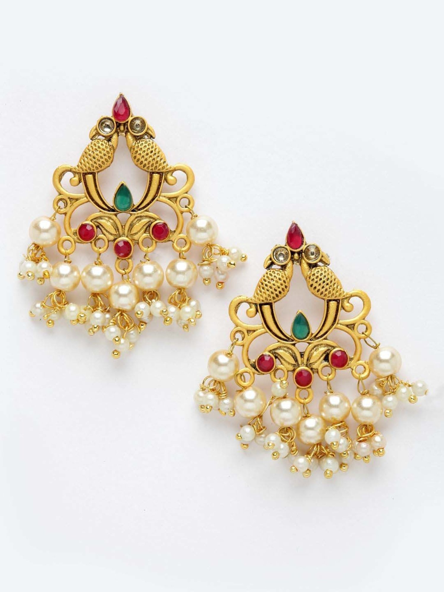 Panash Gold-Plated Red & Green Beads Peacock Shaped Pearl Stud Earrings