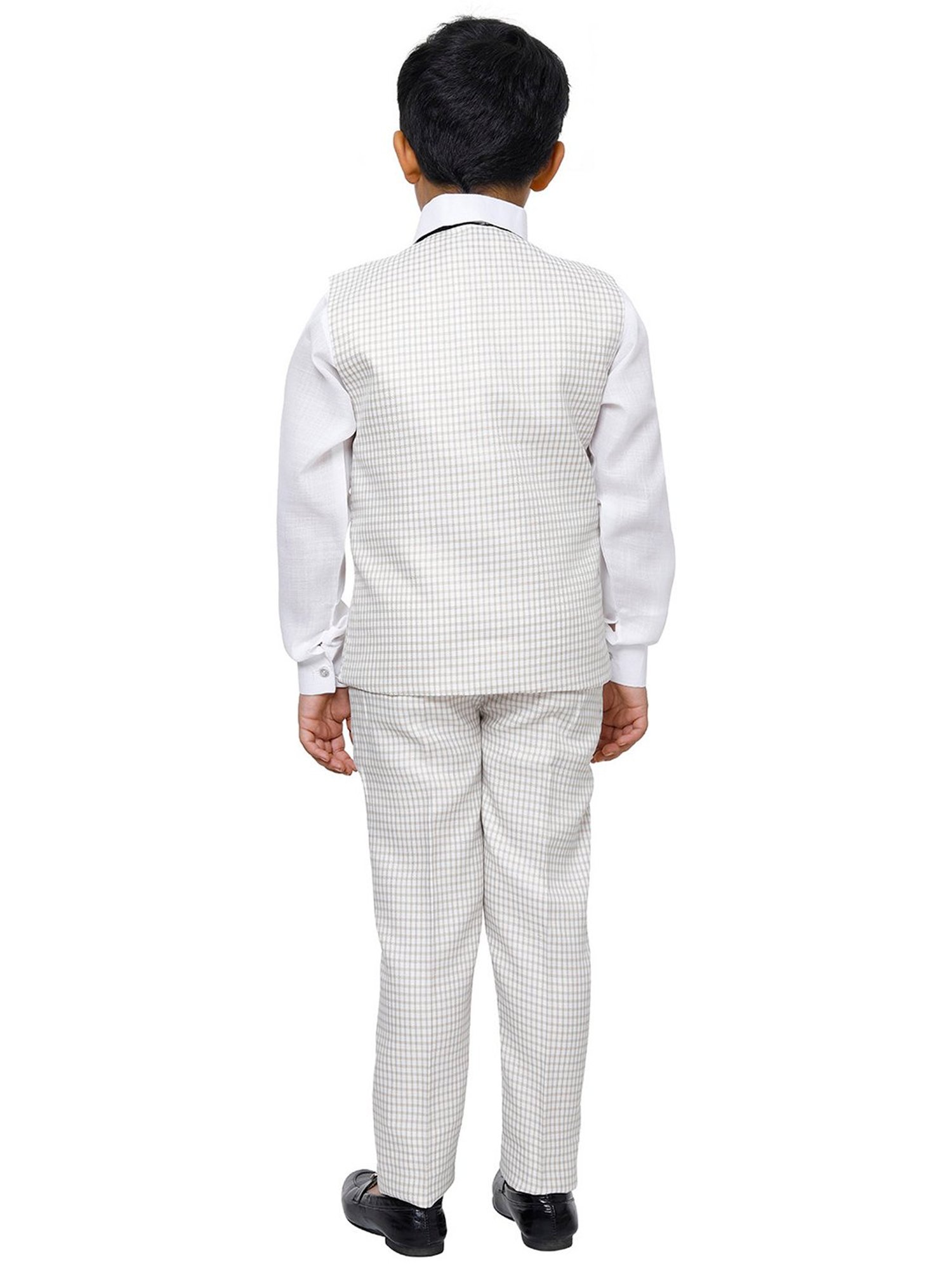 Pro-Ethic Style Developer Kids Off White Checks Full Sleeves Shirt, Waistcoat, Pants with Bow
