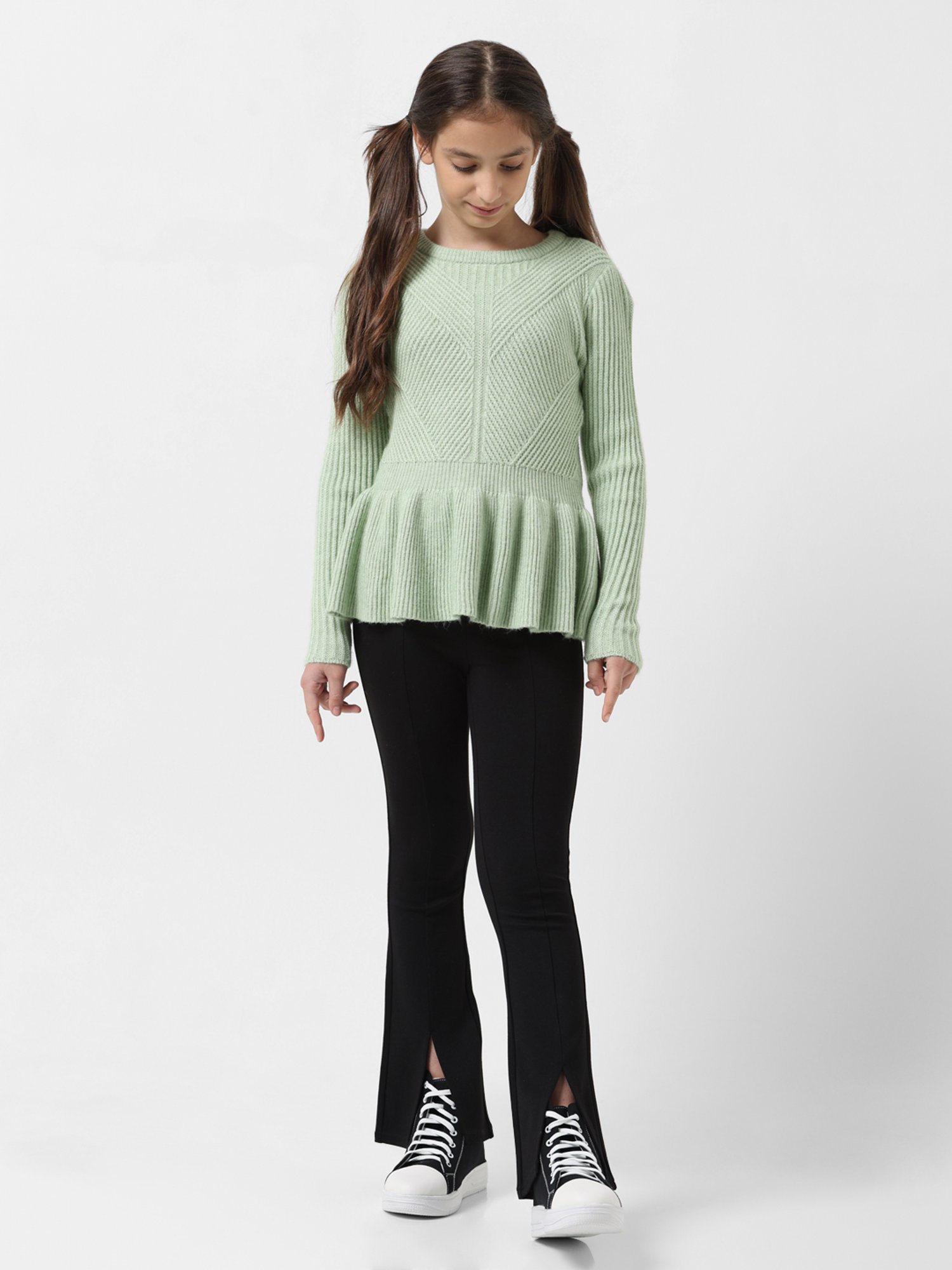 VERO MODA GIRL Green Self Design Full Sleeves Sweater