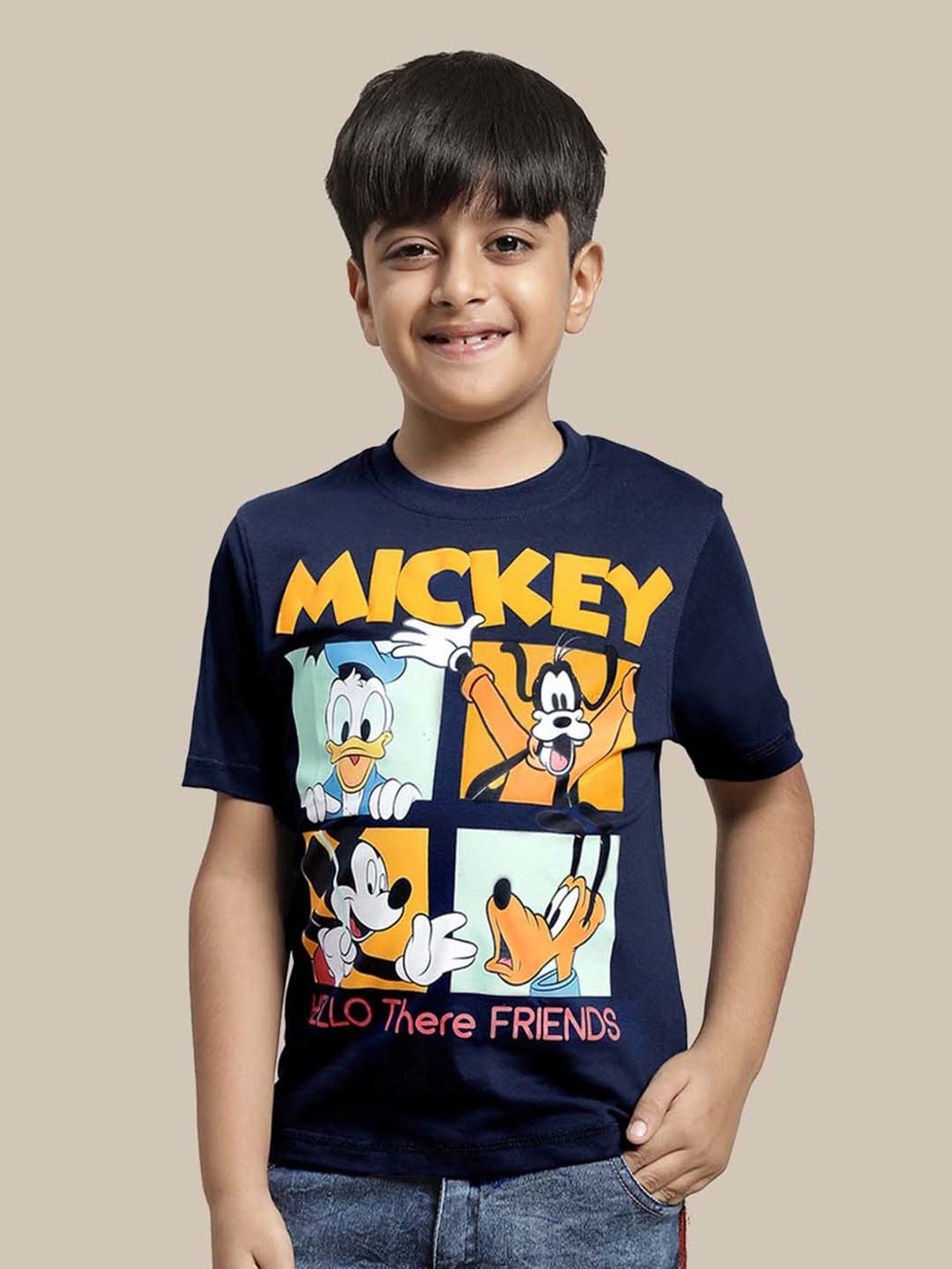 Kidsville Yellow & Navy Cotton Printed T-Shirt