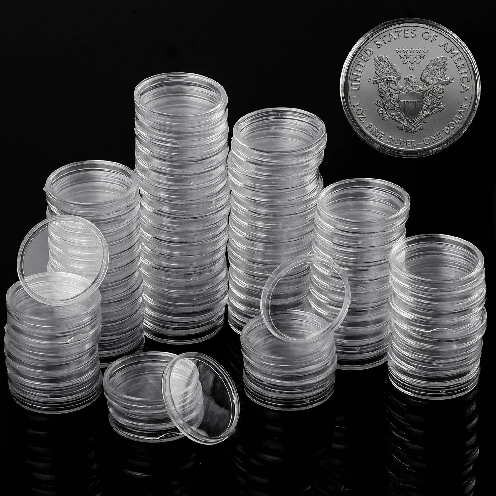 100Pcs 32mm Clear Round Coin Capsule Container Storage Box Holder Case Plastic