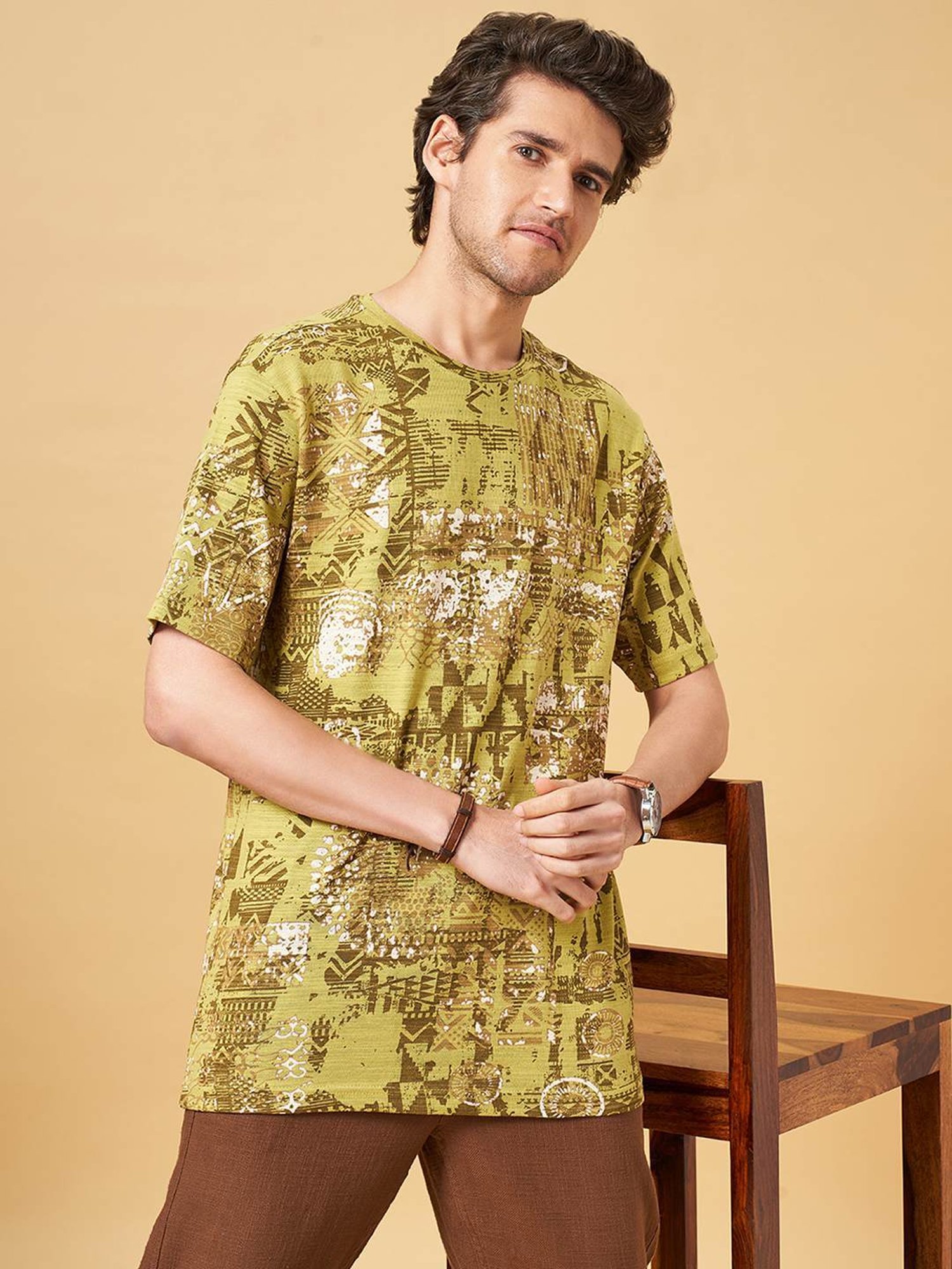 7 Alt by Pantaloons Olive Green Cotton Regular Fit Printed T-Shirt