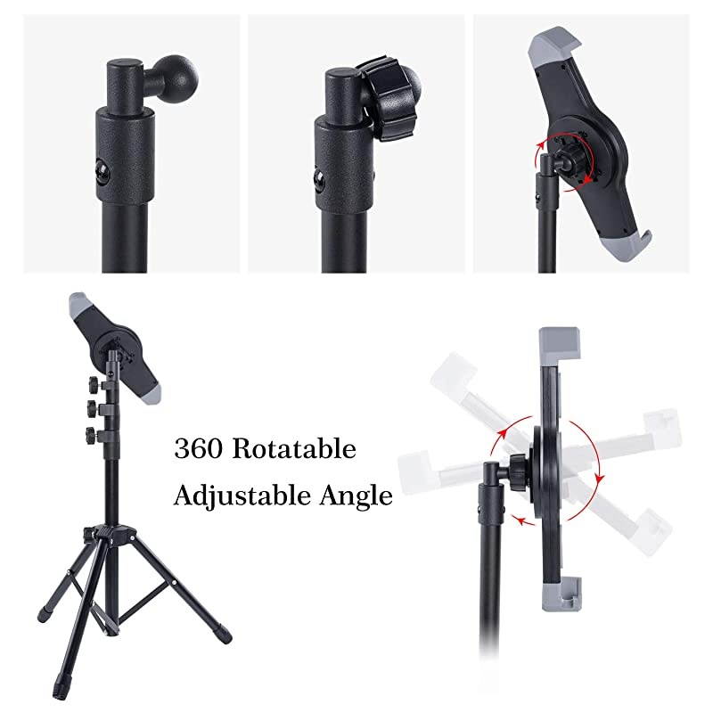iPad Tripod Stand Holder Indoor Outdoor Foldable Bluetooth Control Floor Mount Tablet Stand 360 Rotating Height Adjustable for More 7 to 12 Inch Tablets Carrying Case Phone Holder as Gifts