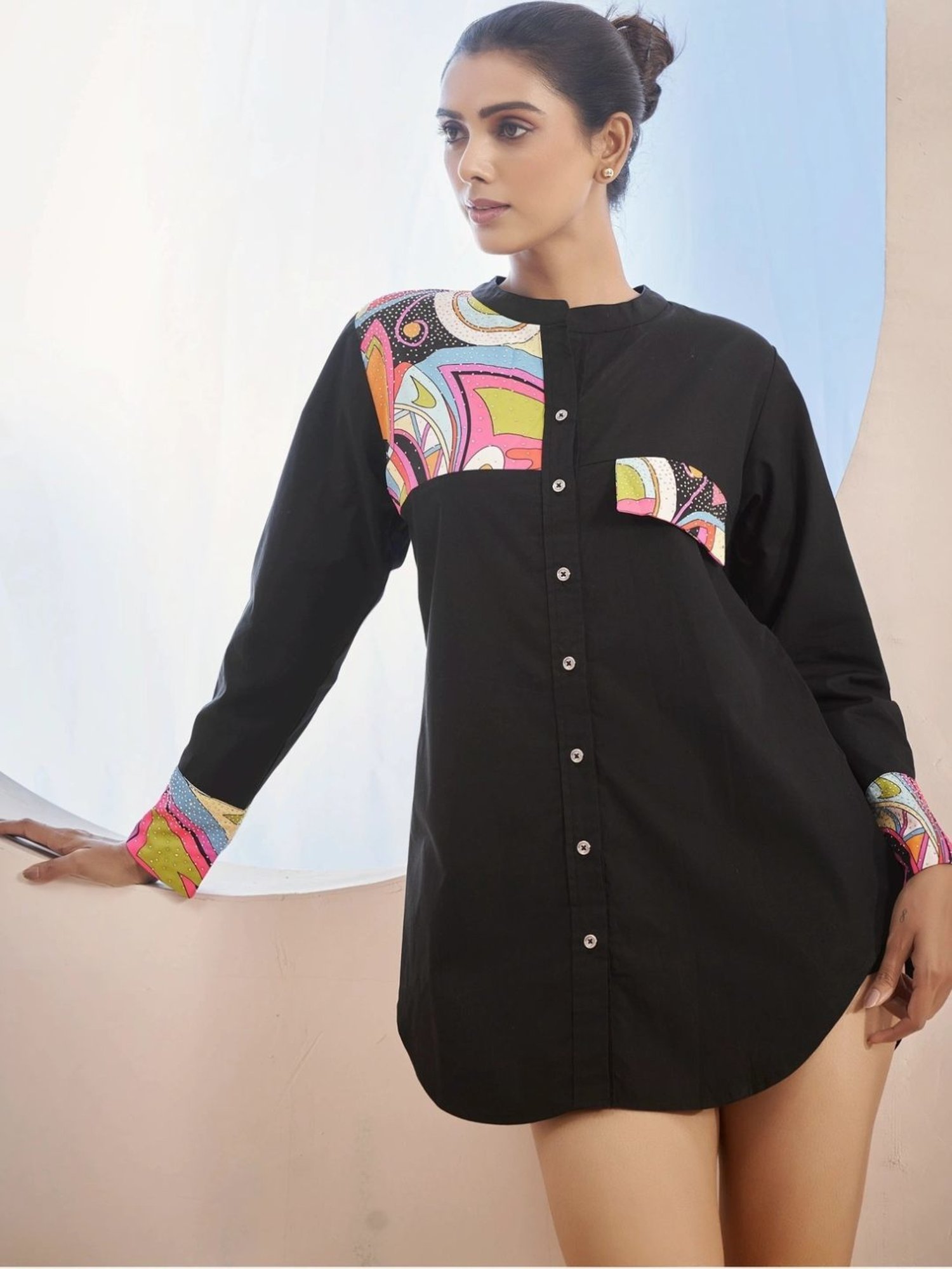 Kaftanize Black Kameez Shirt with Pop Print Patches and Rhinestone Work