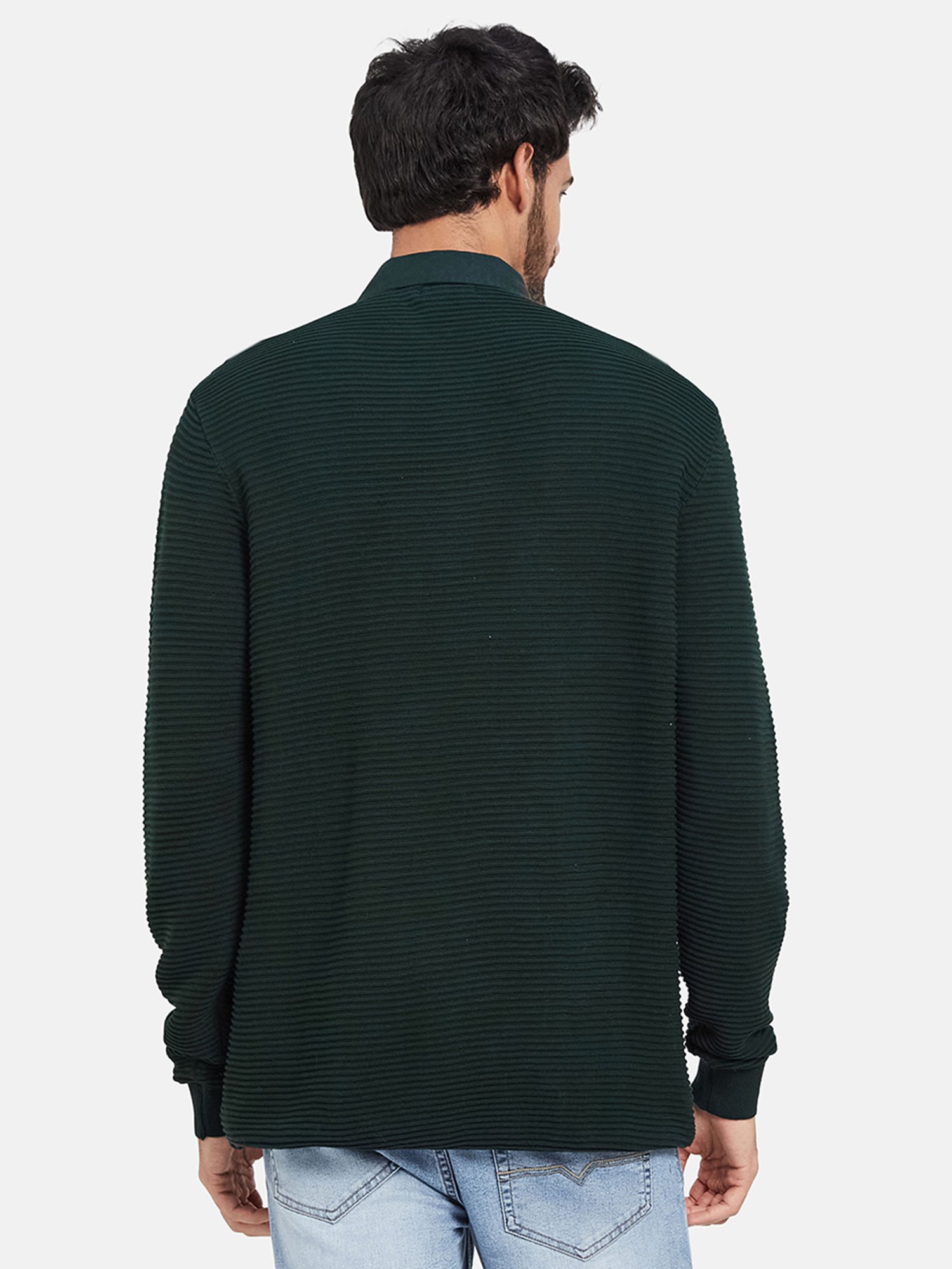METTLE Mountain Green Regular Fit Self Design Polo Neck Sweater