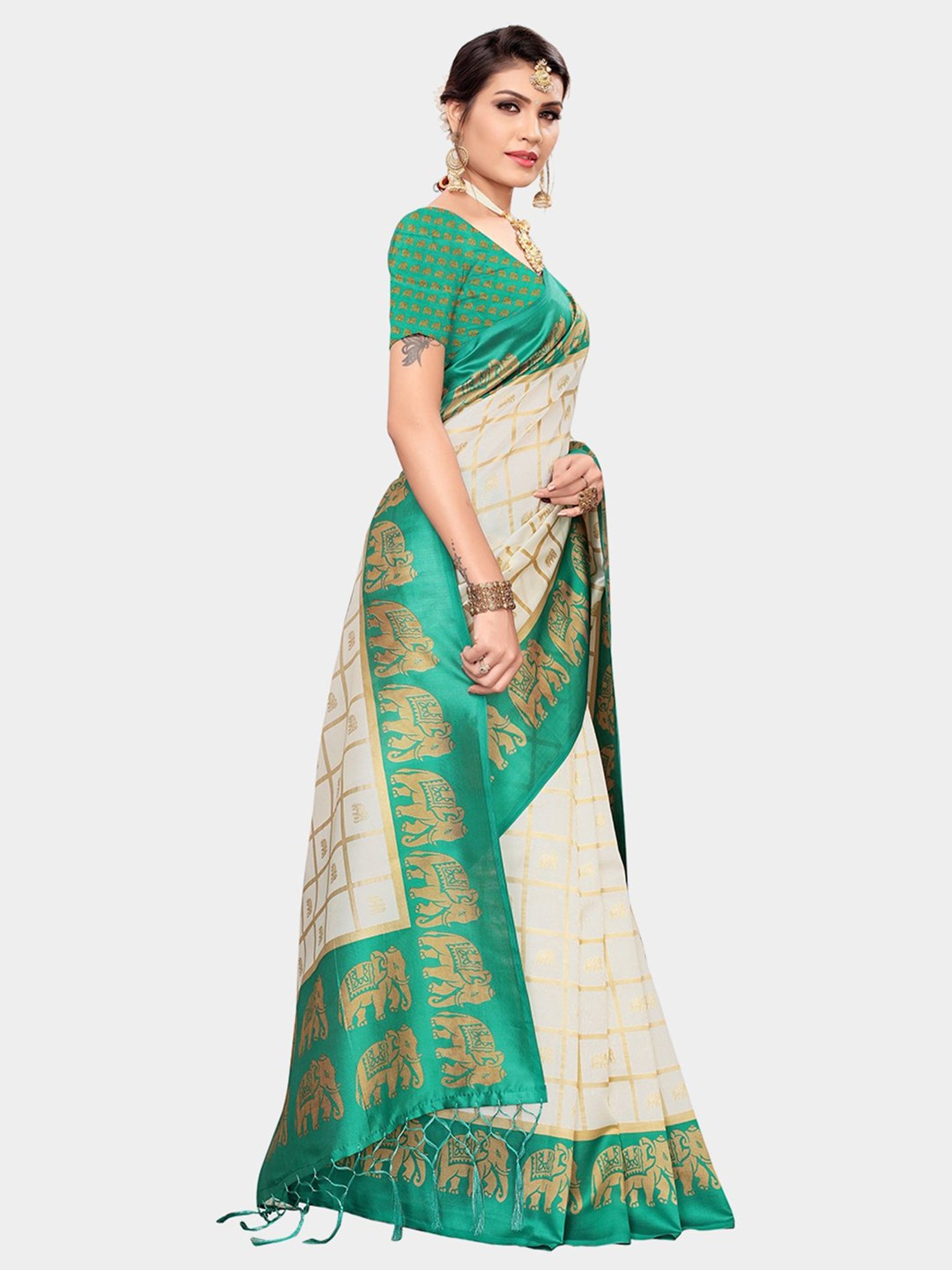 KSUT Green & Beige Check Saree With Blouse