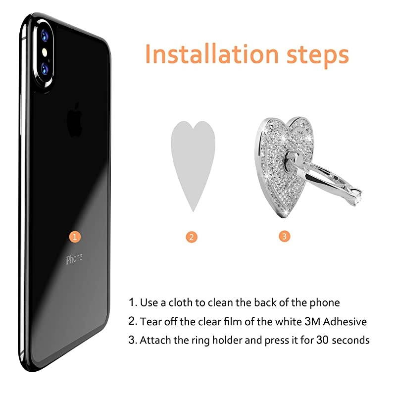 Cell Phone Finger Ring Stand with Sparkly Diamond  Heart Love Phone Ring Kickstand Holder Washable Removable 360&deg;Rotation Zinc Alloy Ring Grip Stand for All Phones Silver