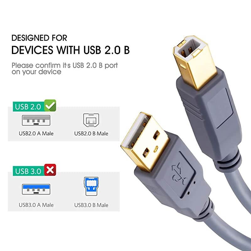 Printer Cable 20 ft  USB Printer Cable USB 20 Type A Male to Type B Male Printer Scanner Cable for HP Canon Lexmark Epson Dell Xerox Samsung etc