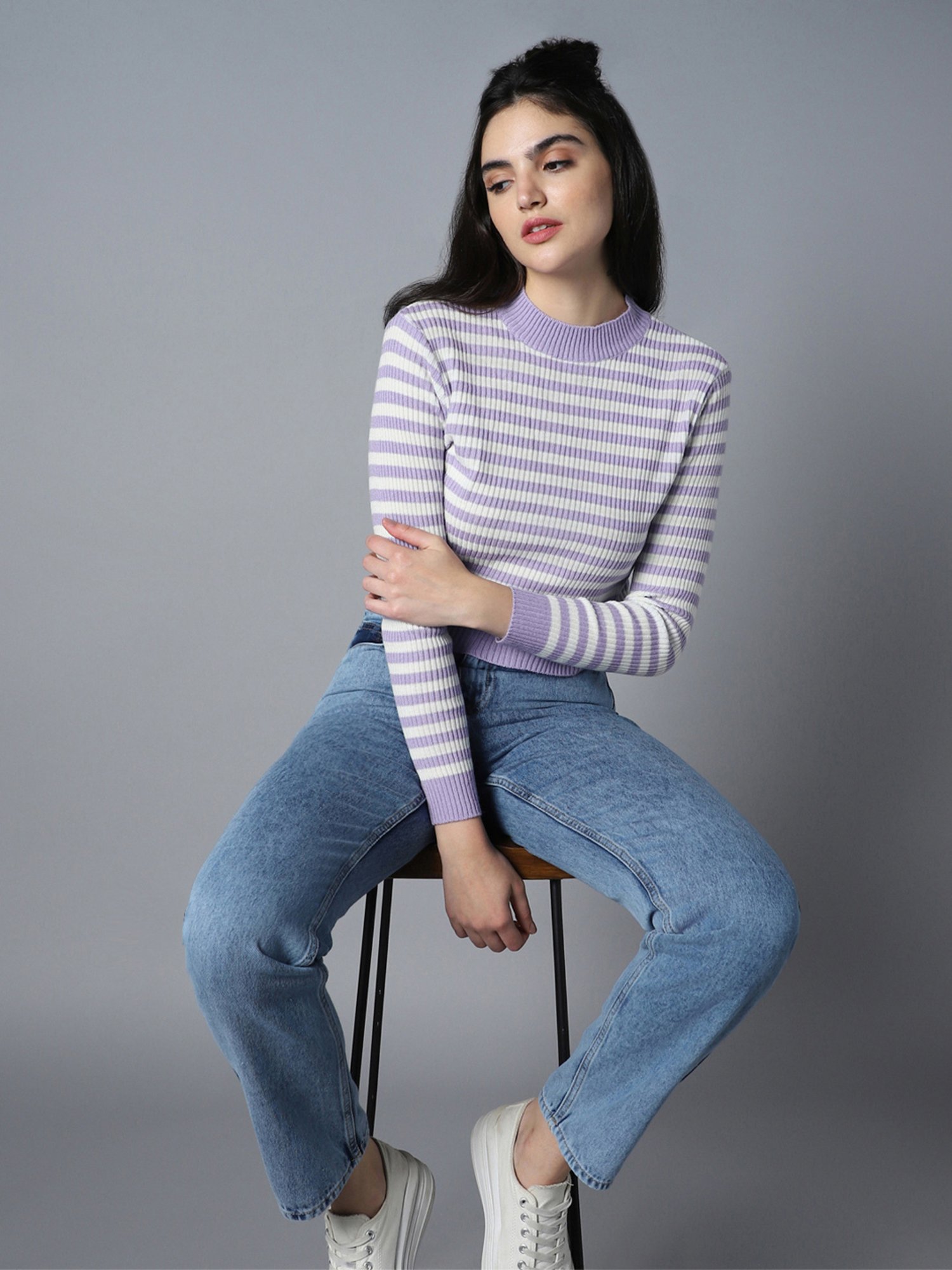 High Star White & Lavender Striped Sweater