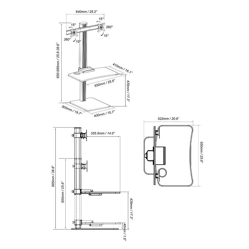 Standing Desk Riser Monitor Mount, Dual Computer Monitor Stand and Monitor Arm with Gas Lift Mechanism, Height Adjustable Standing Desk Converter with Wide Platform