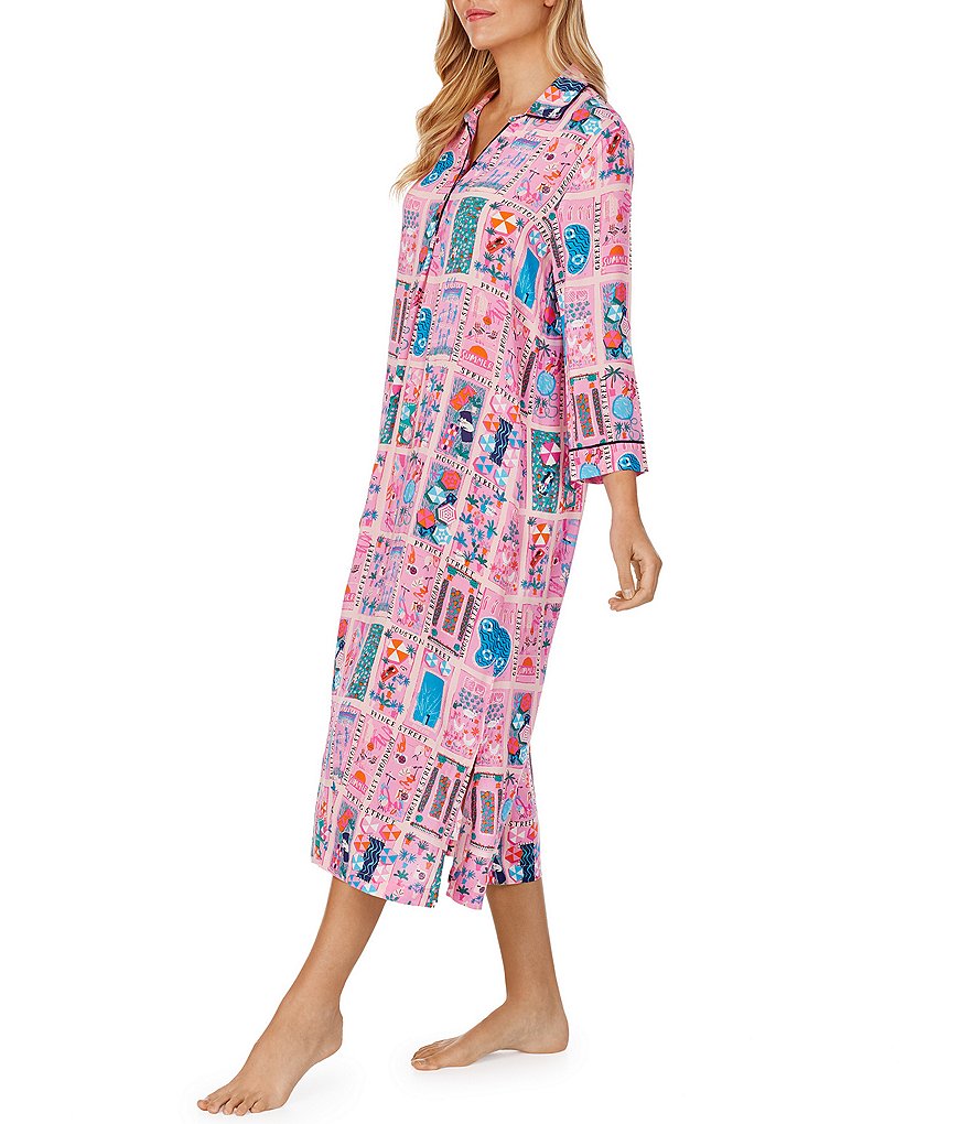 Natori Bloom Printed Satin Woven Zip Front Caftan