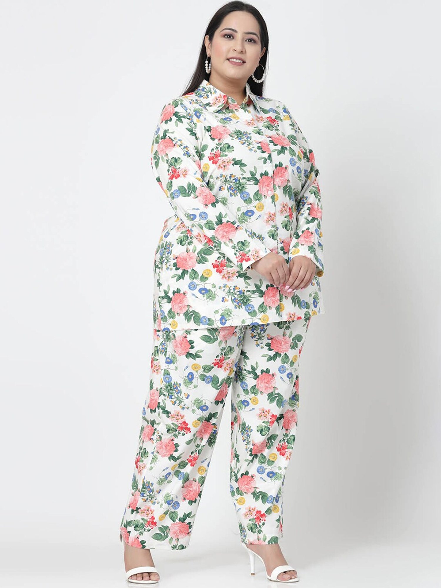 Melon by PlusS White Floral Print Shirt Pant Set