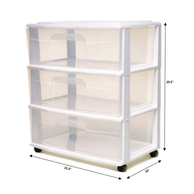 Homz Plastic 3 Clear Drawer Compact Home Rolling Storage Container Tower for Small to Medium Sized Items, White Frame