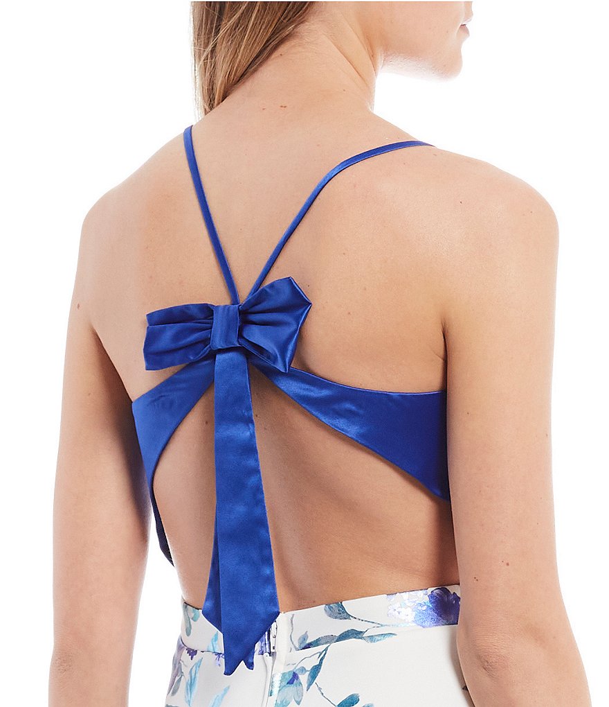 City Vibe Spaghetti Strap Bow-Back Floral Foiled Fit-and-Flare Dress