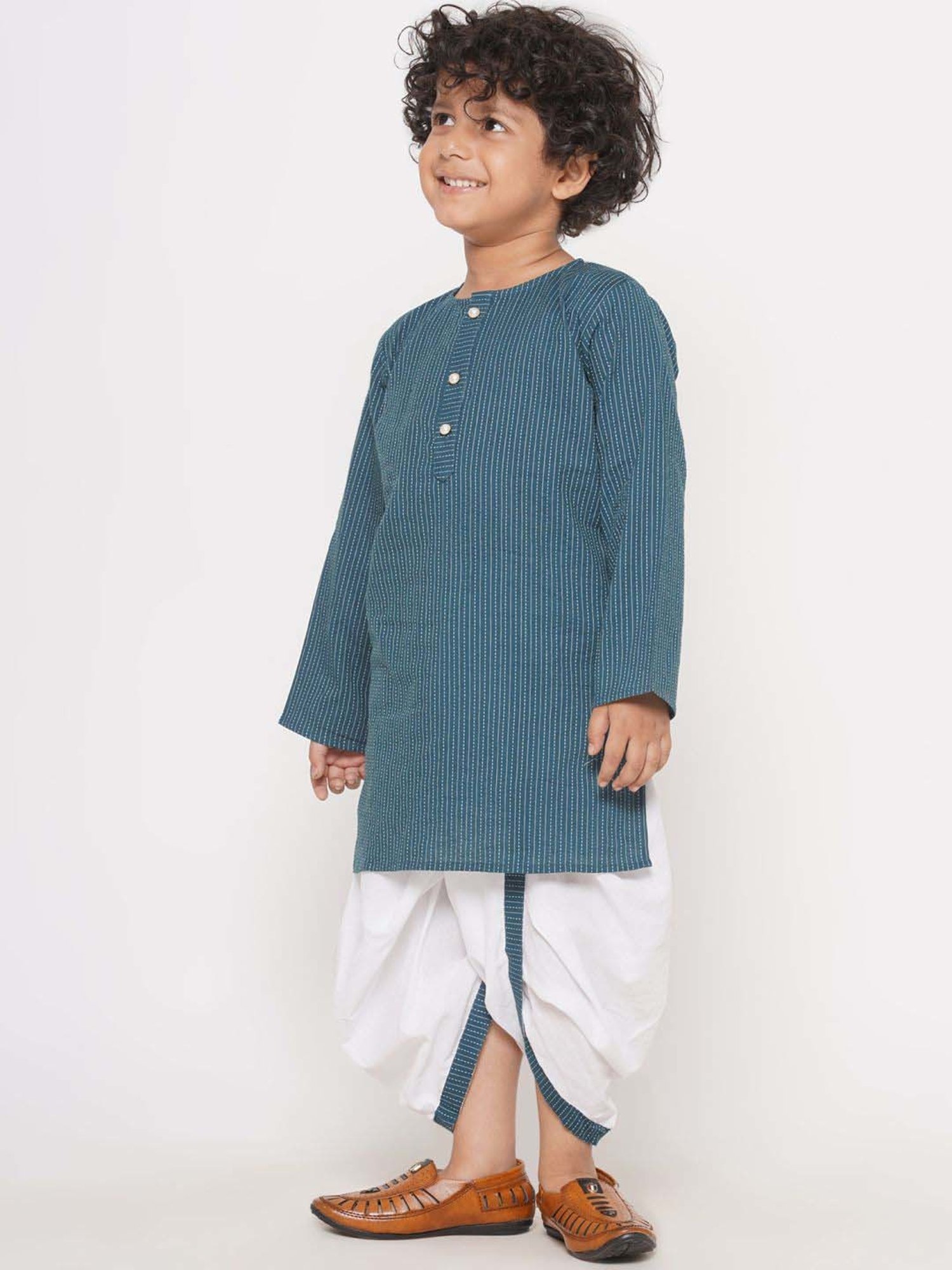Little Bansi Kids Teal Blue & White Cotton Self Pattern Full Sleeves Kurta Set