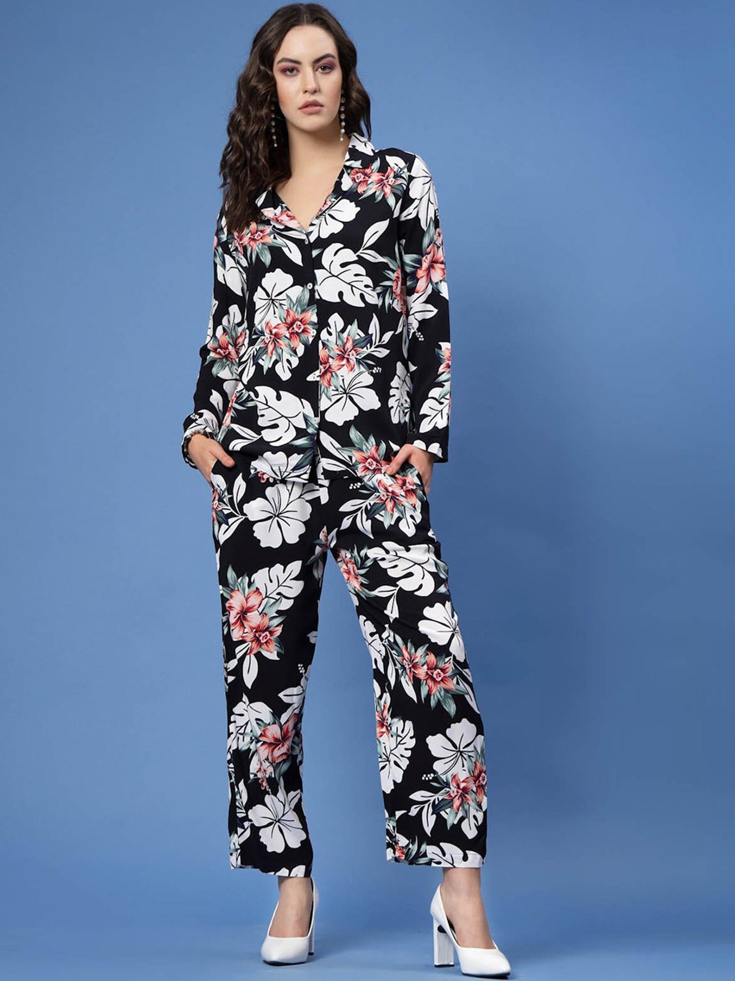 Melon by PlusS Black Floral Print Shirt With Trousers