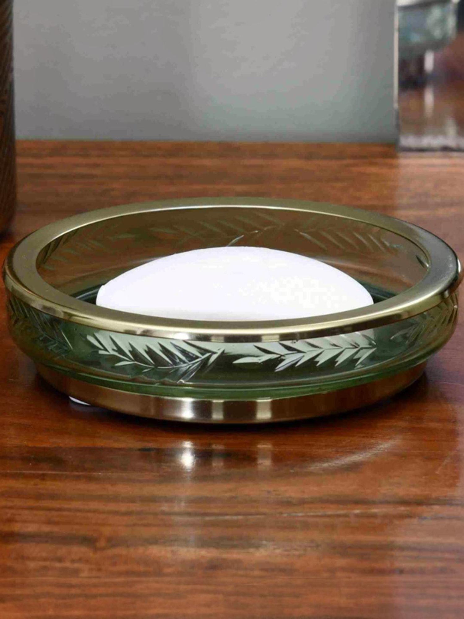 @Home Green & Gold Glass Round Soap Dish