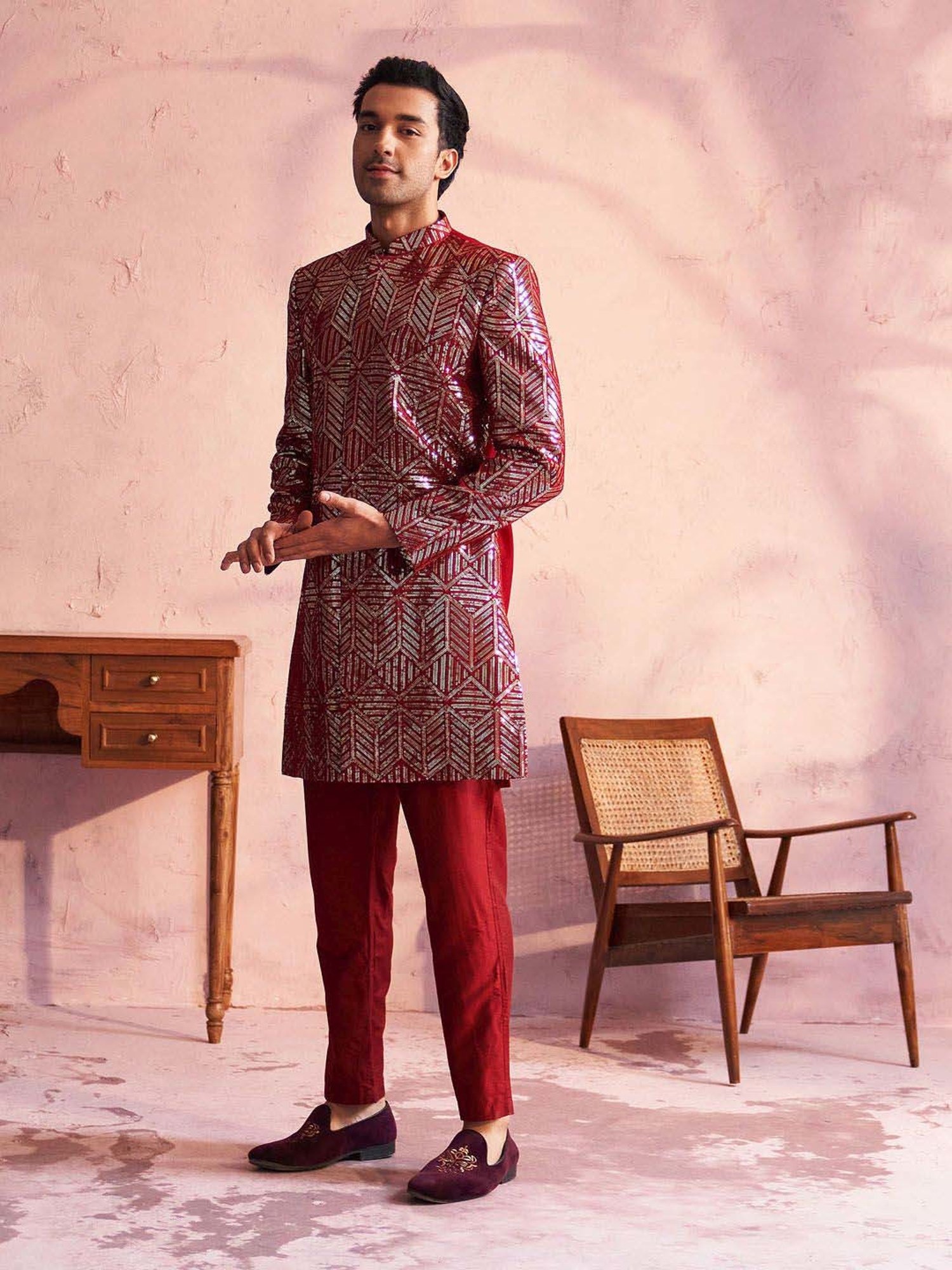 Vastramay Maroon Regular Fit Embroidered Sherwani Set