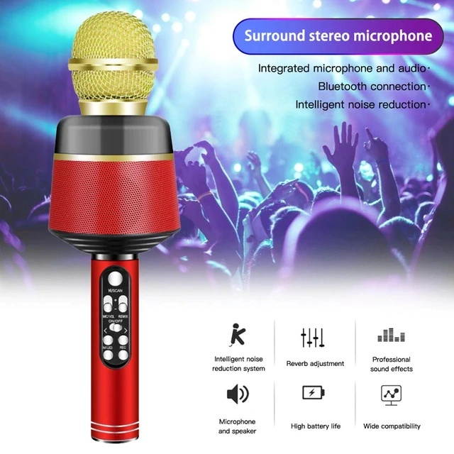 Wireless Microphone with Flashing Lights Portable Handhold Mic Speaker Cardioid for Mobile Phone Singing Music Apps DSP Chip