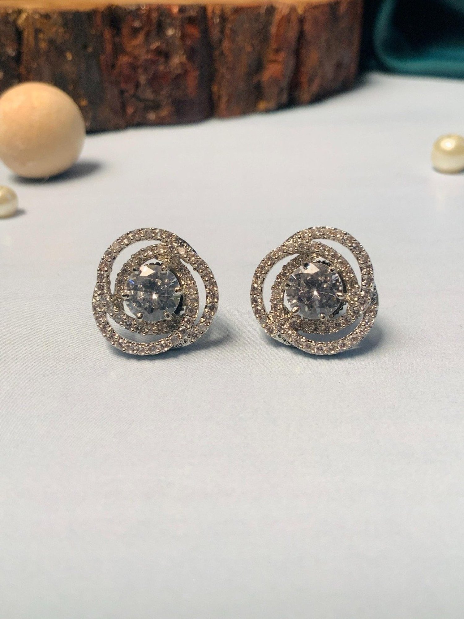 Abdesigns Shiney Silver Plated American Diamond Stud Earrings