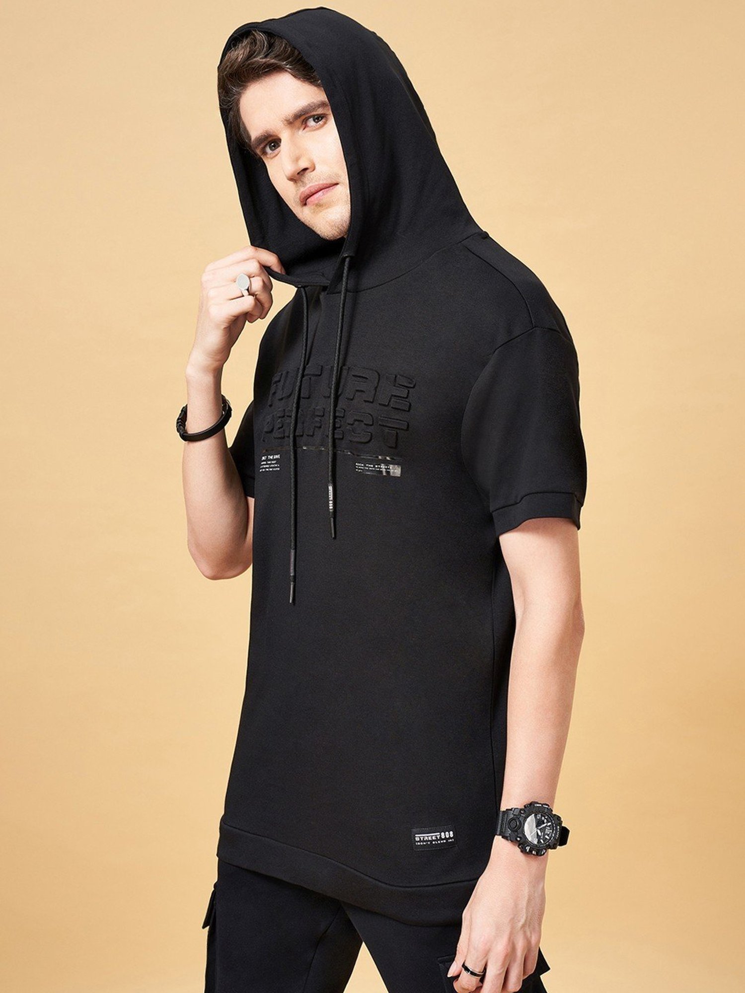 Street 808 by Pantaloons Black Cotton Boxy Fit Printed Hooded T-Shirt