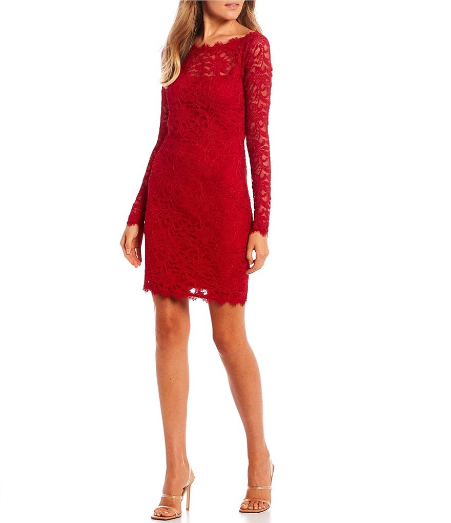 Jump Long-Sleeve Patterned-Lace Sheath Dress