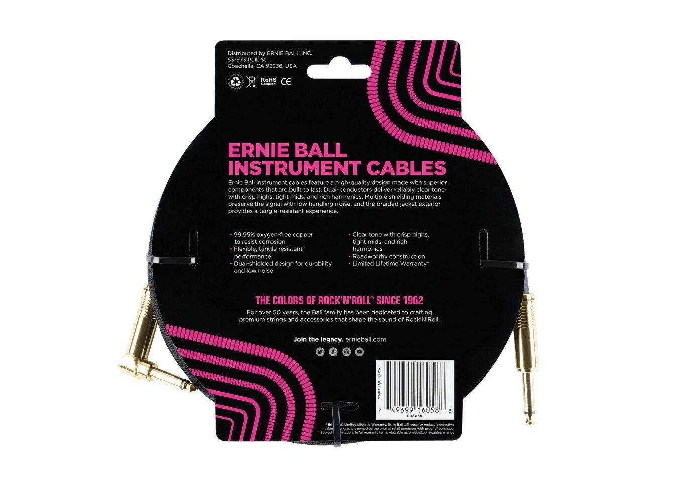Ernie Ball 6058 25' Braided Straight / Angle Instrument Cable - Black