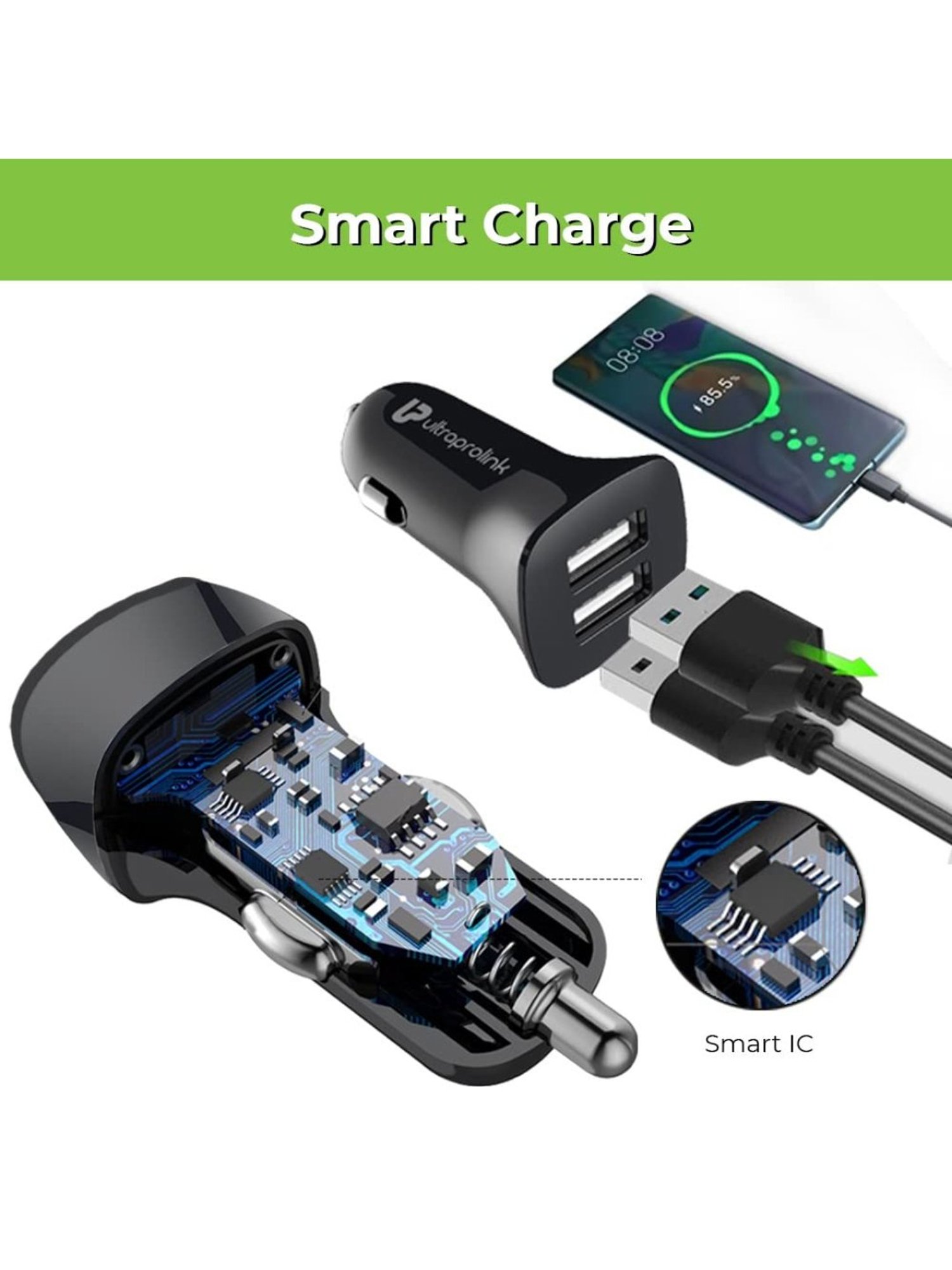 UltraProlink UM1072C Mach12 Dual USB Fast Car Charger with Type C Cable (Black)