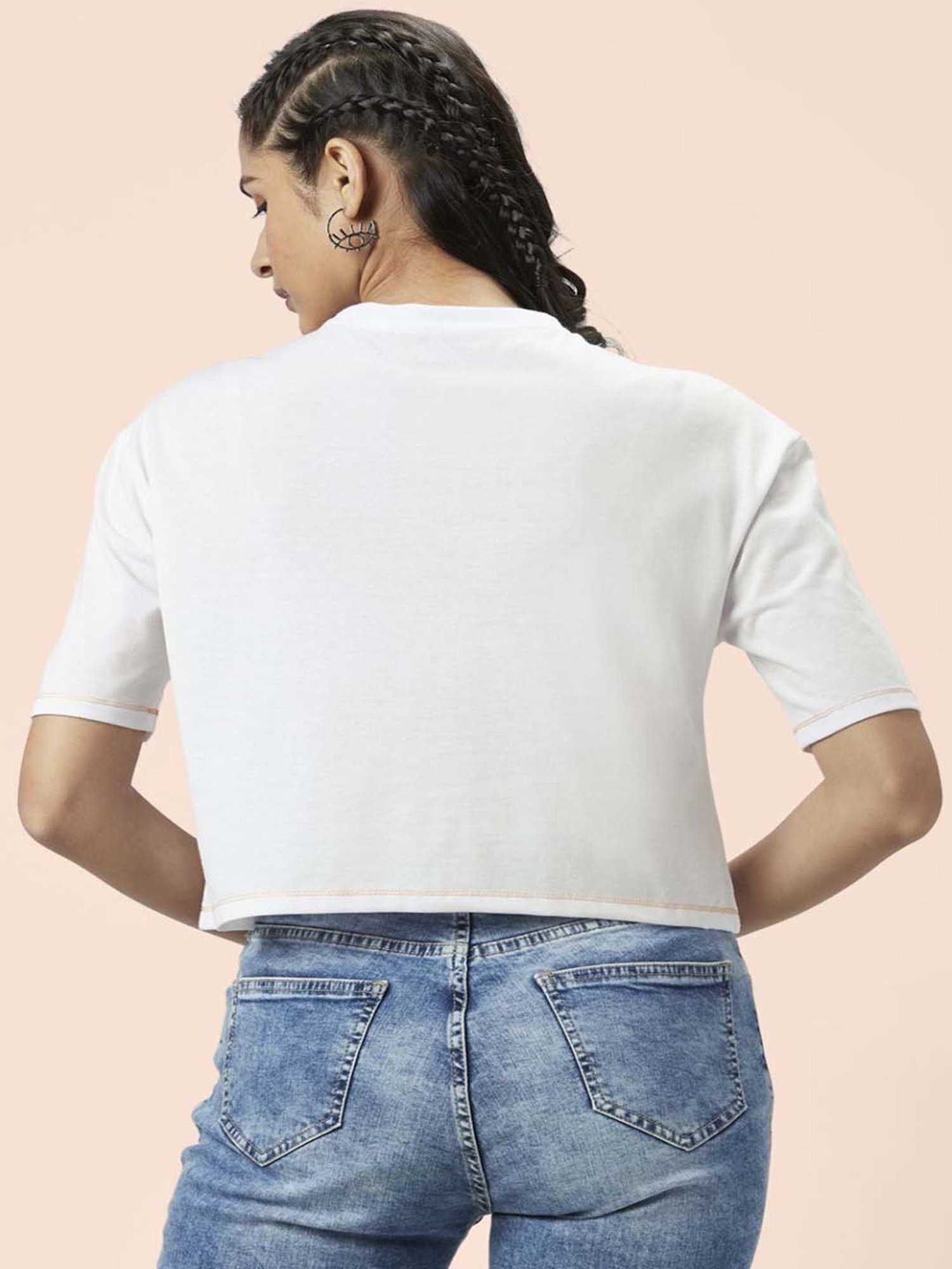 People by Pantaloons White Cotton Printed Crop T-Shirt