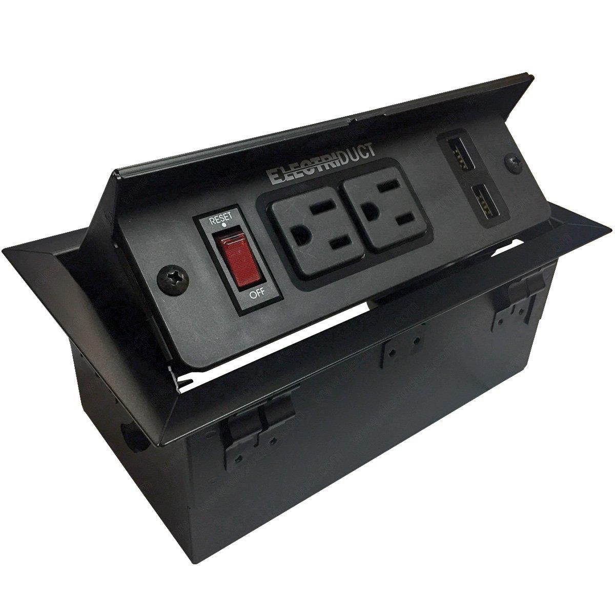 Hidden Pop Up Power and Data Center - 2 AC Outlets, 2 USB, 2 RJ45 (Black)