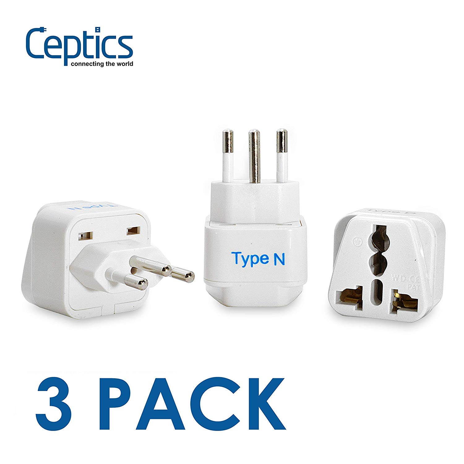 Ceptics Grounded Brazil Travel Plug Adapter (Type N), Universal Socket Plug Accepts Plugs From any Country, Perfect for Cell Phones, Laptops, Chargers and More - 3 Pack (GP-11C)