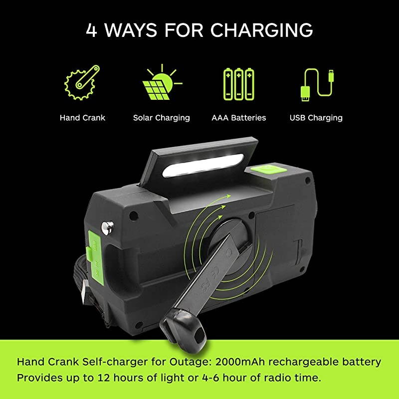 Weather Solar Crank AM/FM NOAA Radio with Portable 2000mAh Power Bank, Bright Flashlight and Reading Lamp for Household and Outdoor Survival (Green)
