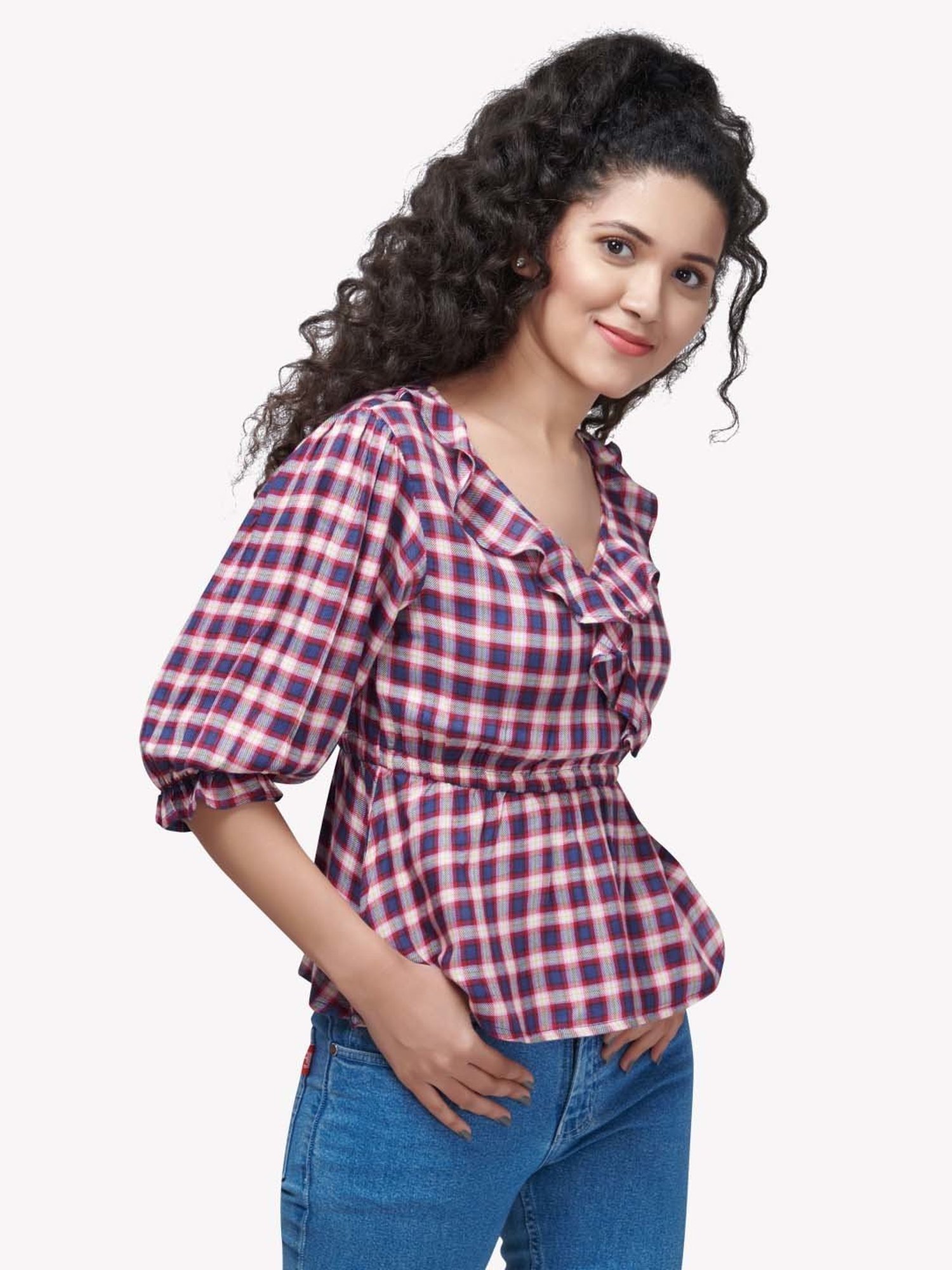 VASTRADO Navy & Red Cotton Chequered Top