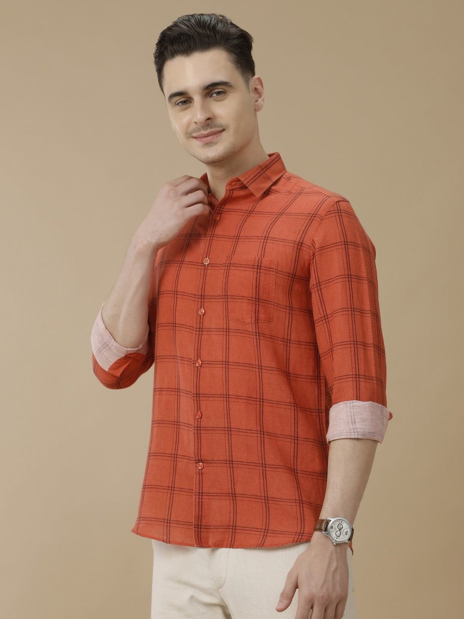Linen Club Orange Linen Contemporary Fit Checks Shirt