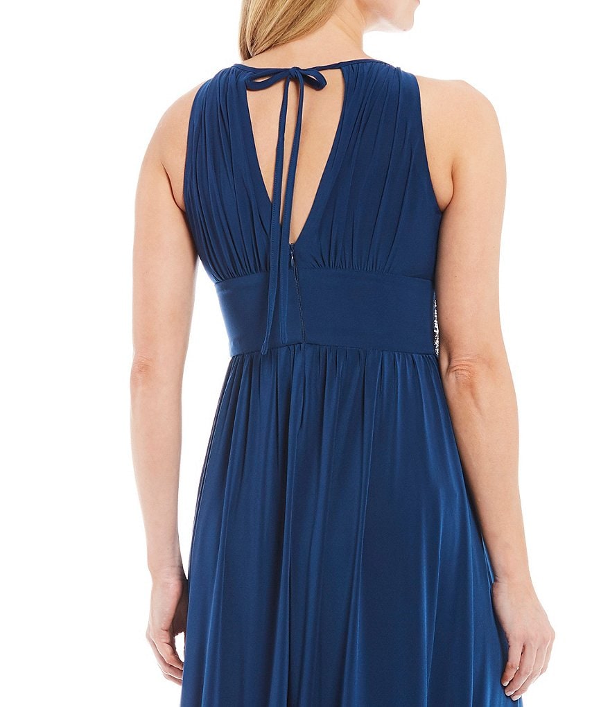 R & M Richards Petite Size Beaded Waist Keyhole Neck Long Gown