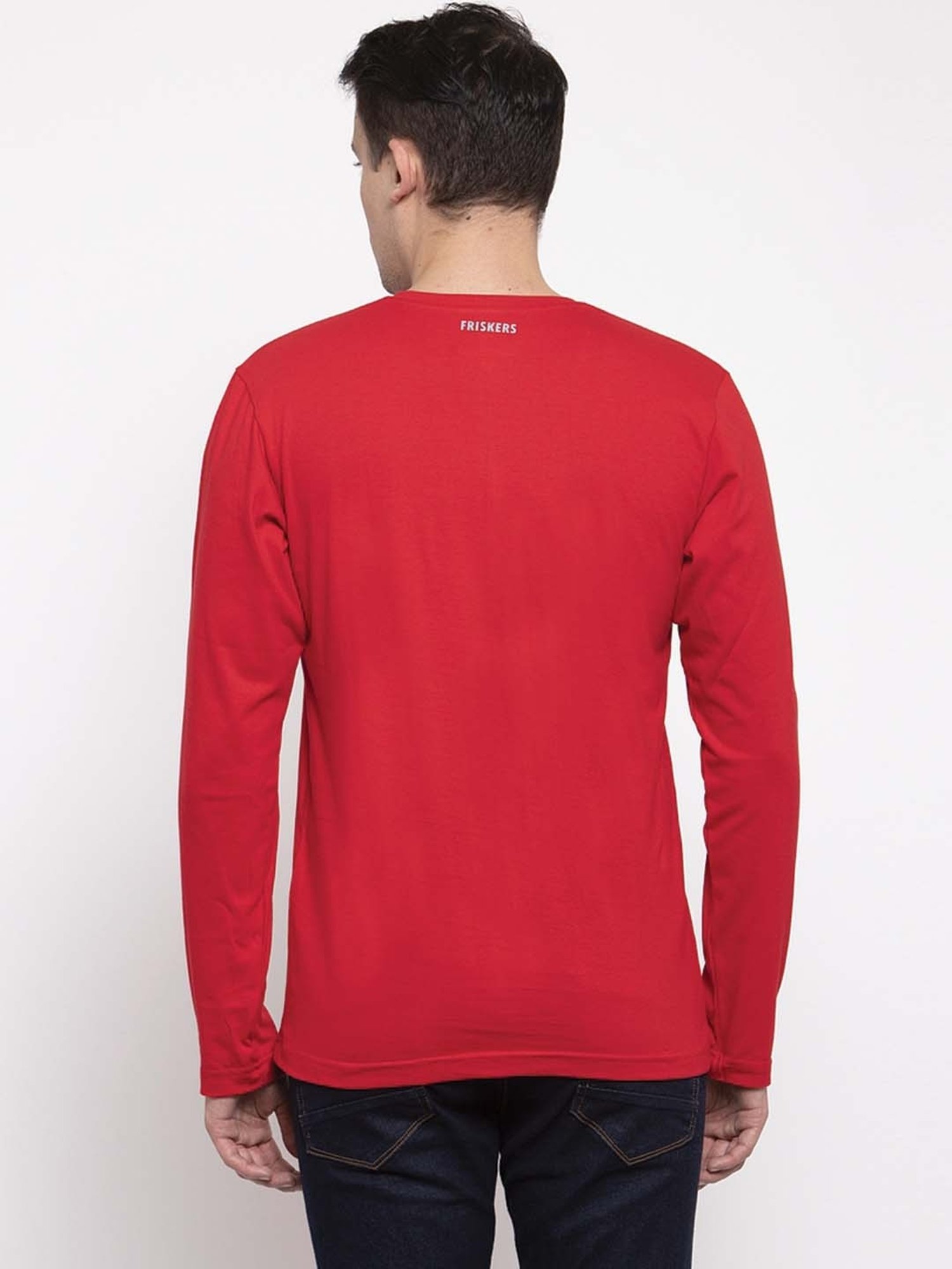 Friskers Red Cotton Slim Fit Printed T-Shirt