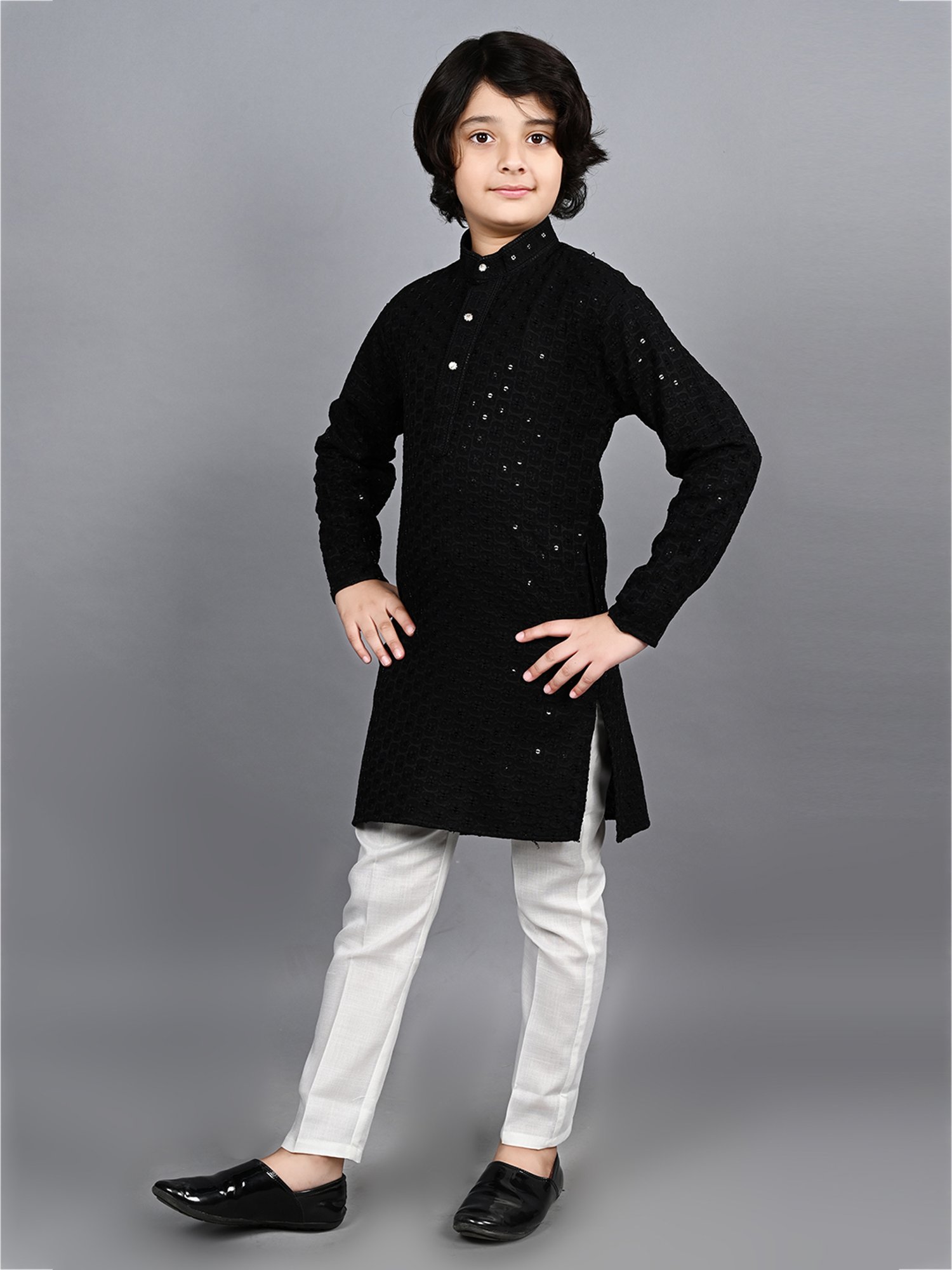 Ahhaaaa Kids Black & White Embellished Full Sleeves Kurta With Pyjamas