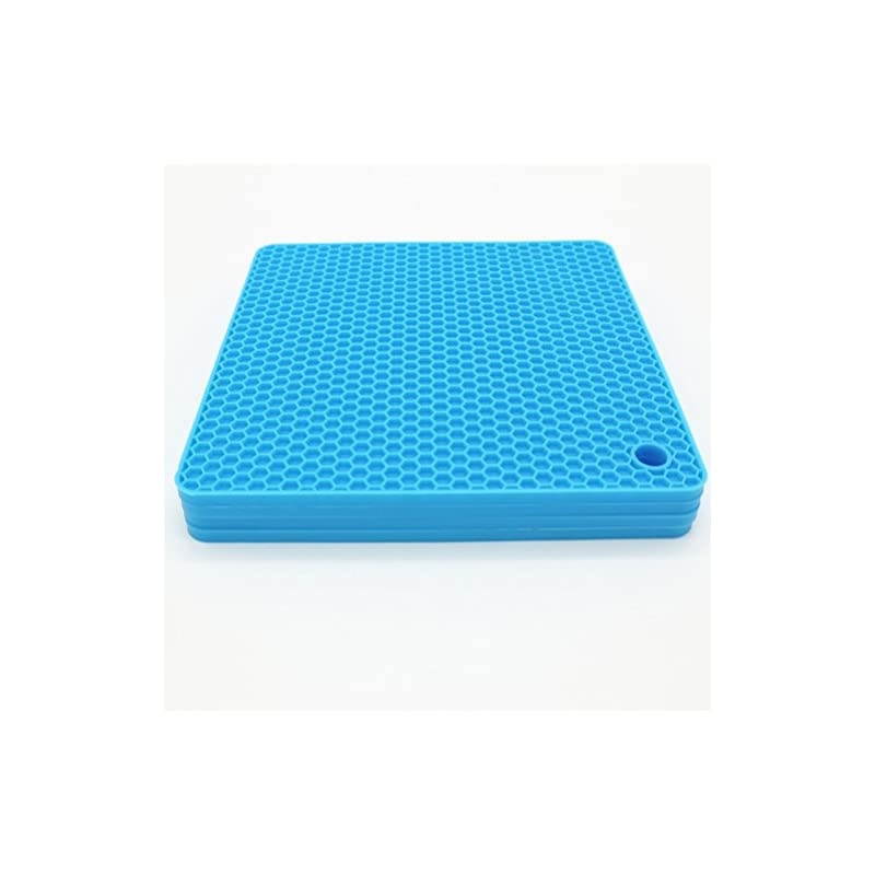 Silicone Pot Mat for Countertop Trivet Pads Heat Resistant Table Placemats 4 Pack,Size:7.5x7.5 Inch, Color: Blue, Shape:Square