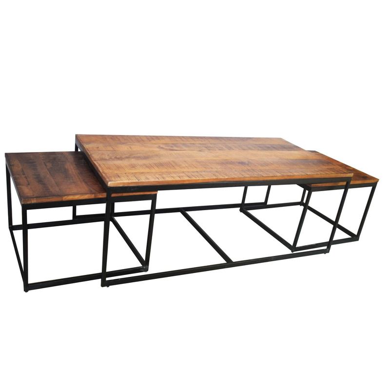 Set of 3 Nested Design Metal Coffee Tables with Spacious Wooden Top Brown - The Urban Port