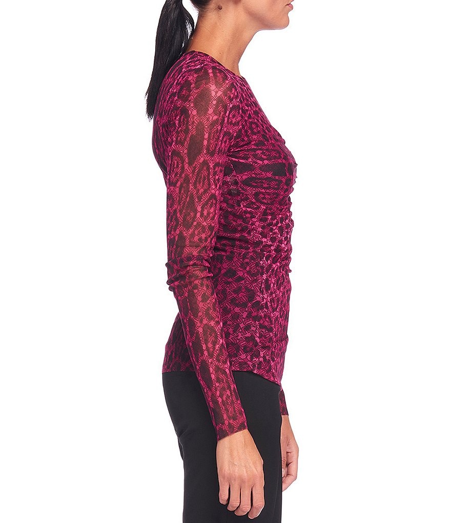 FUZZI Tulle Mesh Iconic Leopard Print Crew Neck Ruched Long Sleeve Top