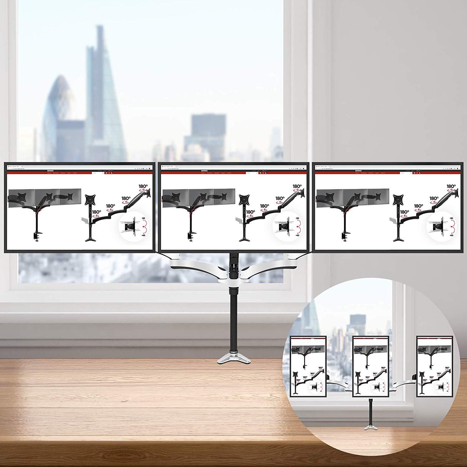 Duronic DM653 Gas Powered Triple LCD LED Desk Mount Arm Monitor Stand Bracket with Tilt and Swivel (Tilt -90&deg;/+85&deg;|Swivel 180&deg;|Rotate 360&deg;)