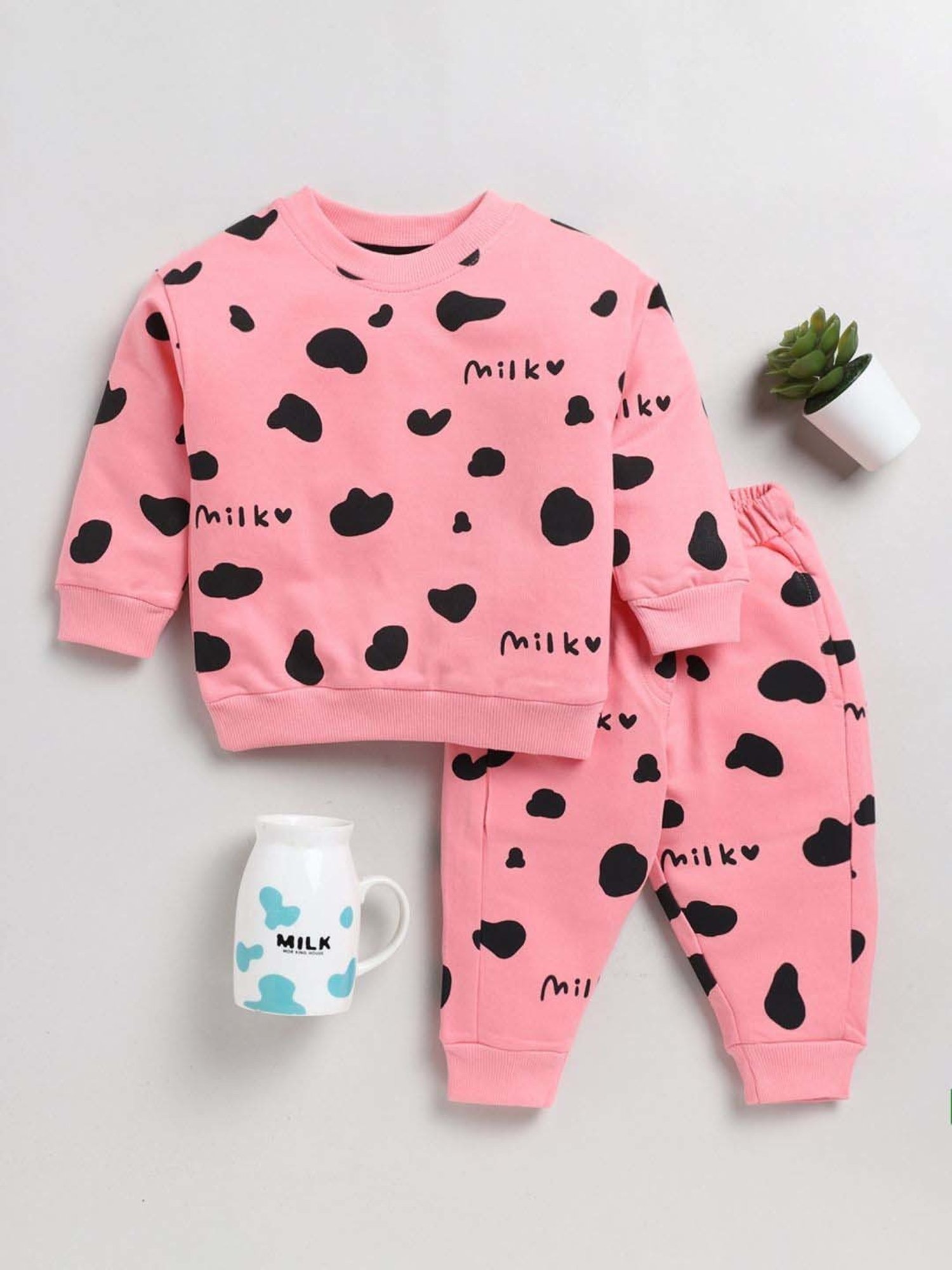 Clt.s Kids Pink & Black Cotton Printed Full Sleeves Sweatshirt Set