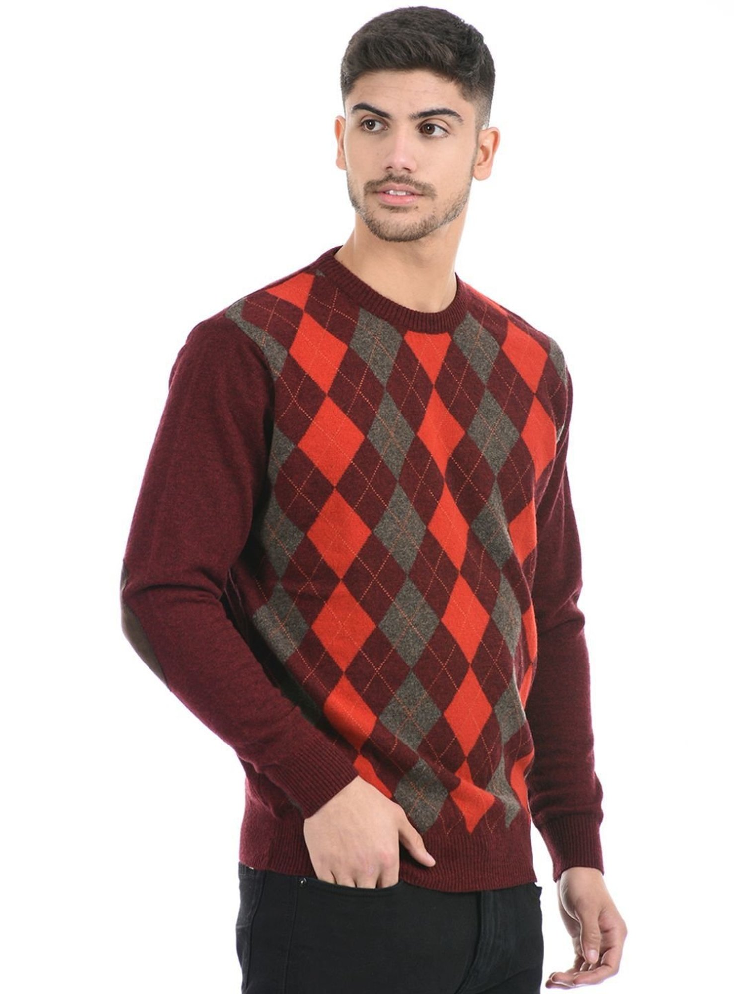 London Fog Maroon Regular Fit Argyle Sweater