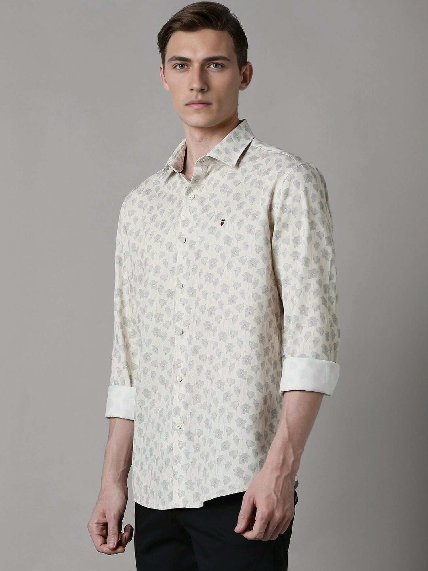 Louis Philippe Cream Cotton Slim Fit Printed Shirt