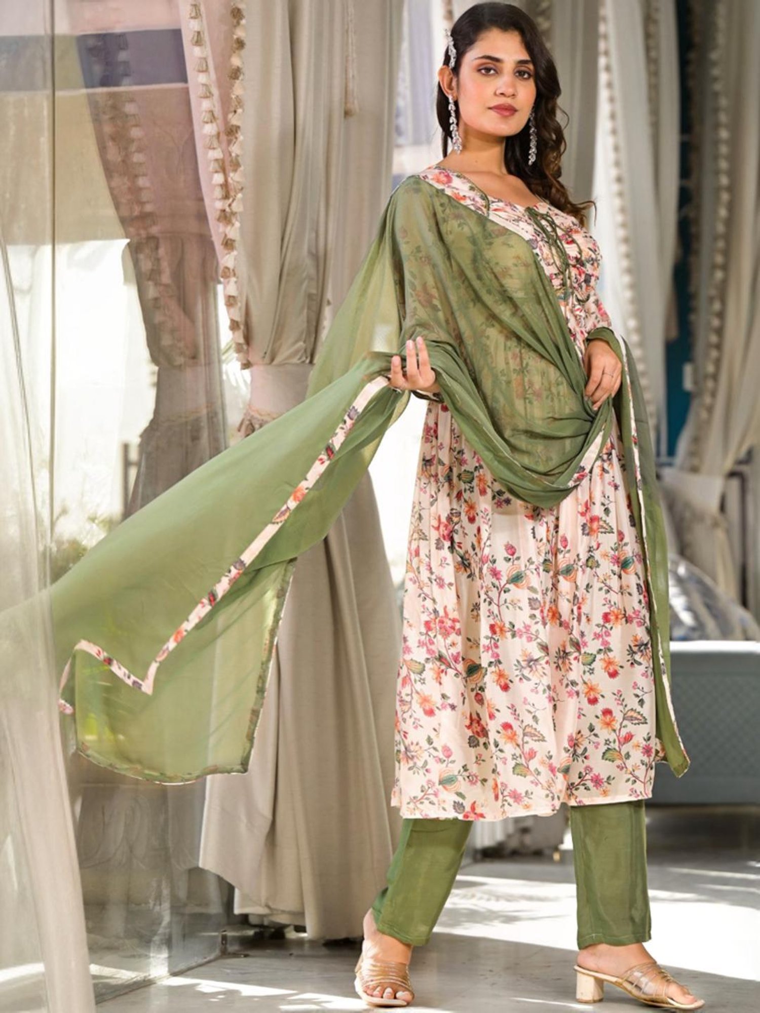 Odette Beige & Green Floral Print Kurta Pant Set With Dupatta