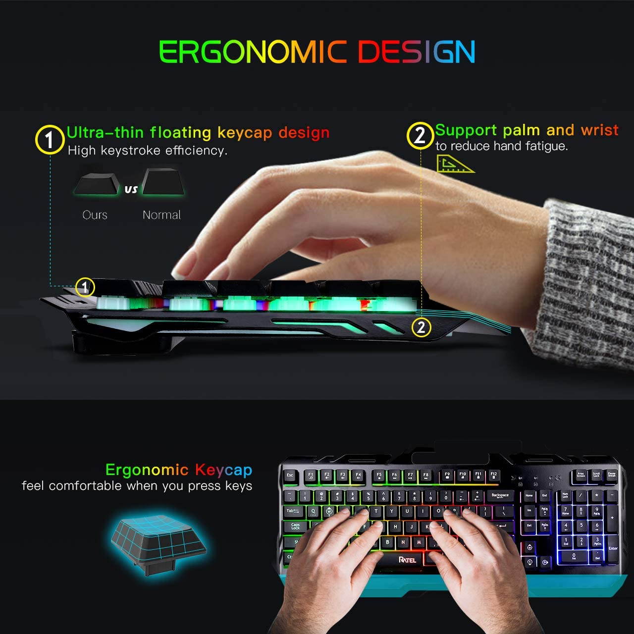 Gaming Keyboard, All-Metal Panel with Mechanical Feeling Colorful Rainbow LED Backlit USB Computer Wired Keyboard for PC/MAC/Desktop Pro Gamer