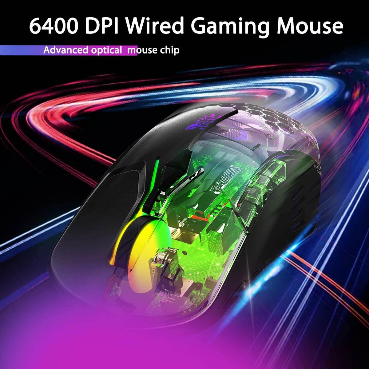 Gaming Mouse RGB Breathing LED Light 6400 DPI 7 Buttons Wired Mice for PC Laptop Computer Gamer - Black