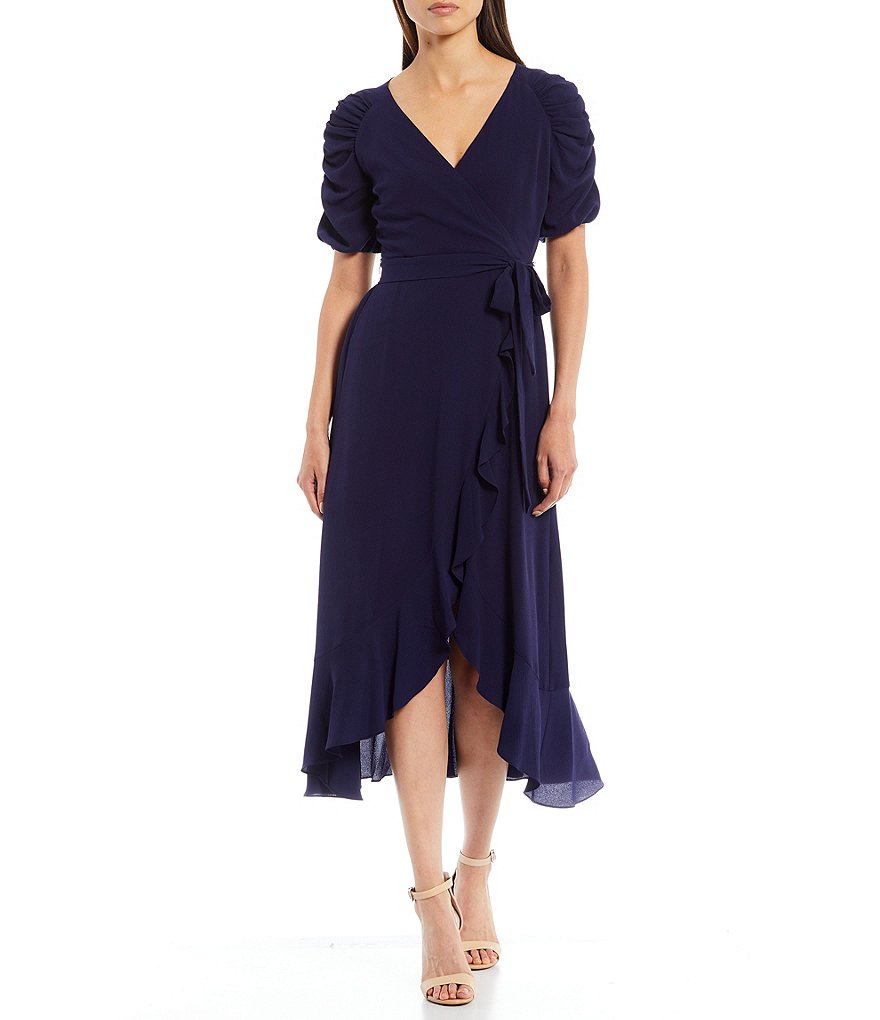 Kensie Surplice V-Neck Short Gathered Sleeve Midi Ruffle Pebble Crepe Wrap Dress