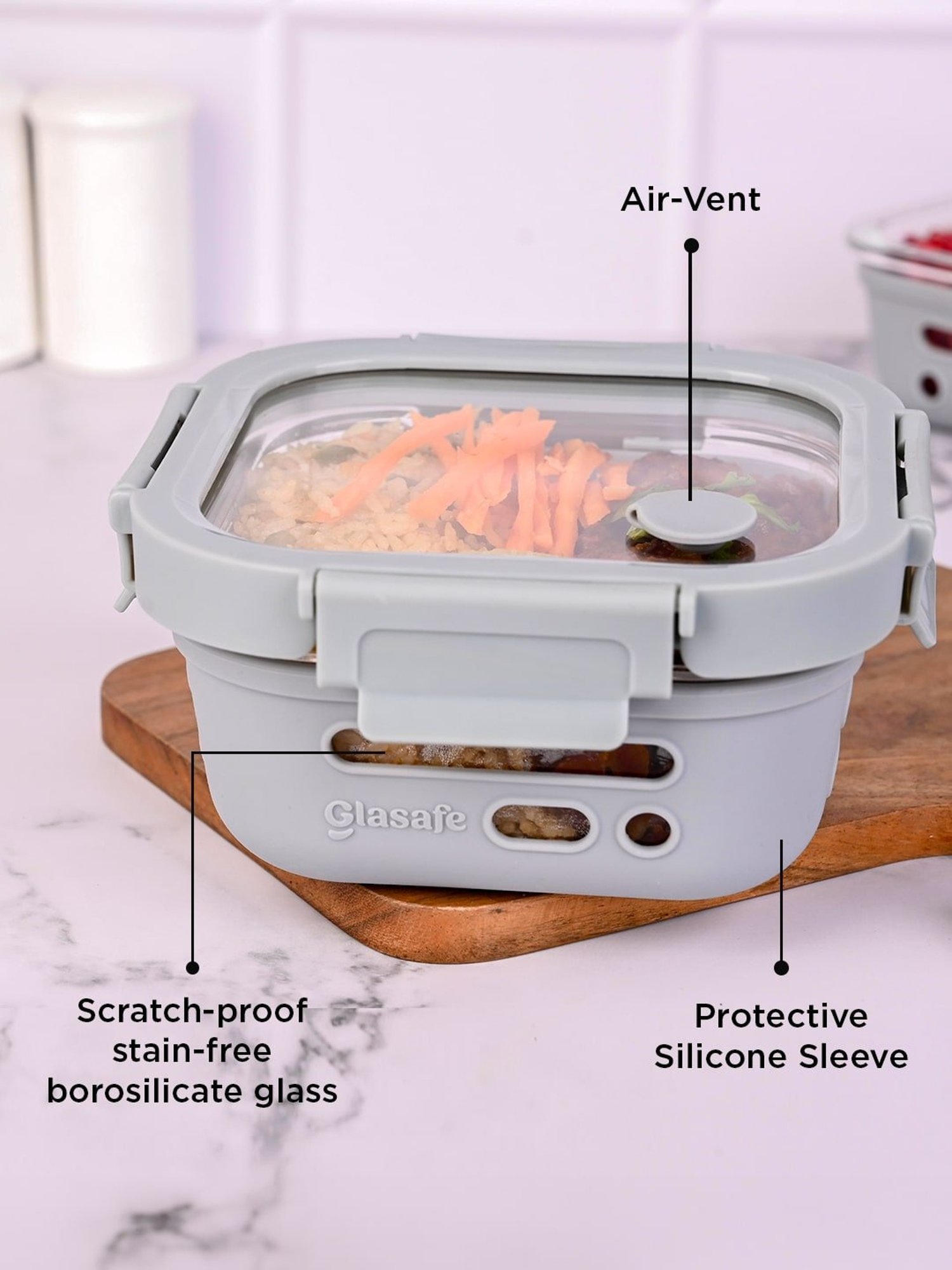 Glasafe Trio Grip Slate Grey Borosilicate Tiffin Combo