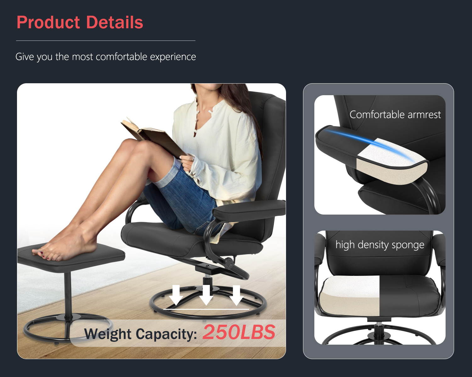 Chair and Ottoman Set Leather Chair with Ottoman Stressless Chair Ergonomic Swivel PU Leather Lounge Armchair Accent Chair for Home Office Living Room Black